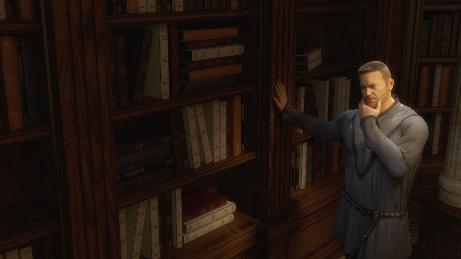 A wizard in his library, contemplating
